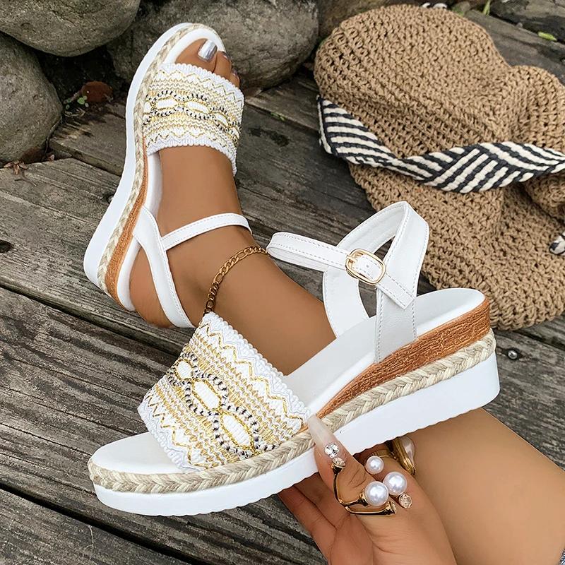 Fashion Plus Size Wedges Bohemian Sandals for Women Summer 2025 Platform Thick Bottom Sandles Woman Embroidery Lightweight Rome Sandals