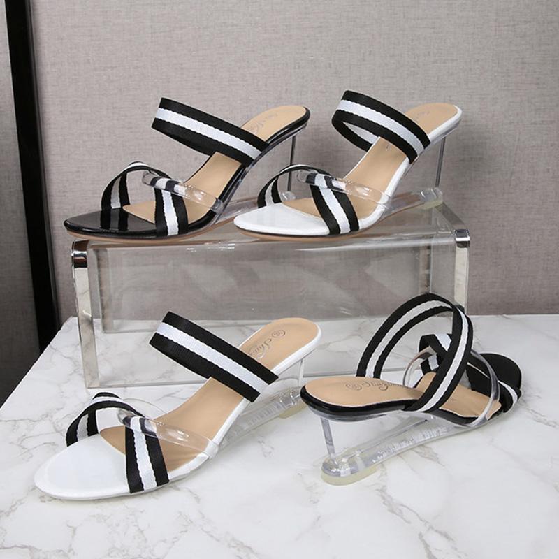 Women's Shoes Summer New Sexy Striped Cross High Heel Crystal Wedge Slippers Simple 1098 Series 8cm Heel LFD