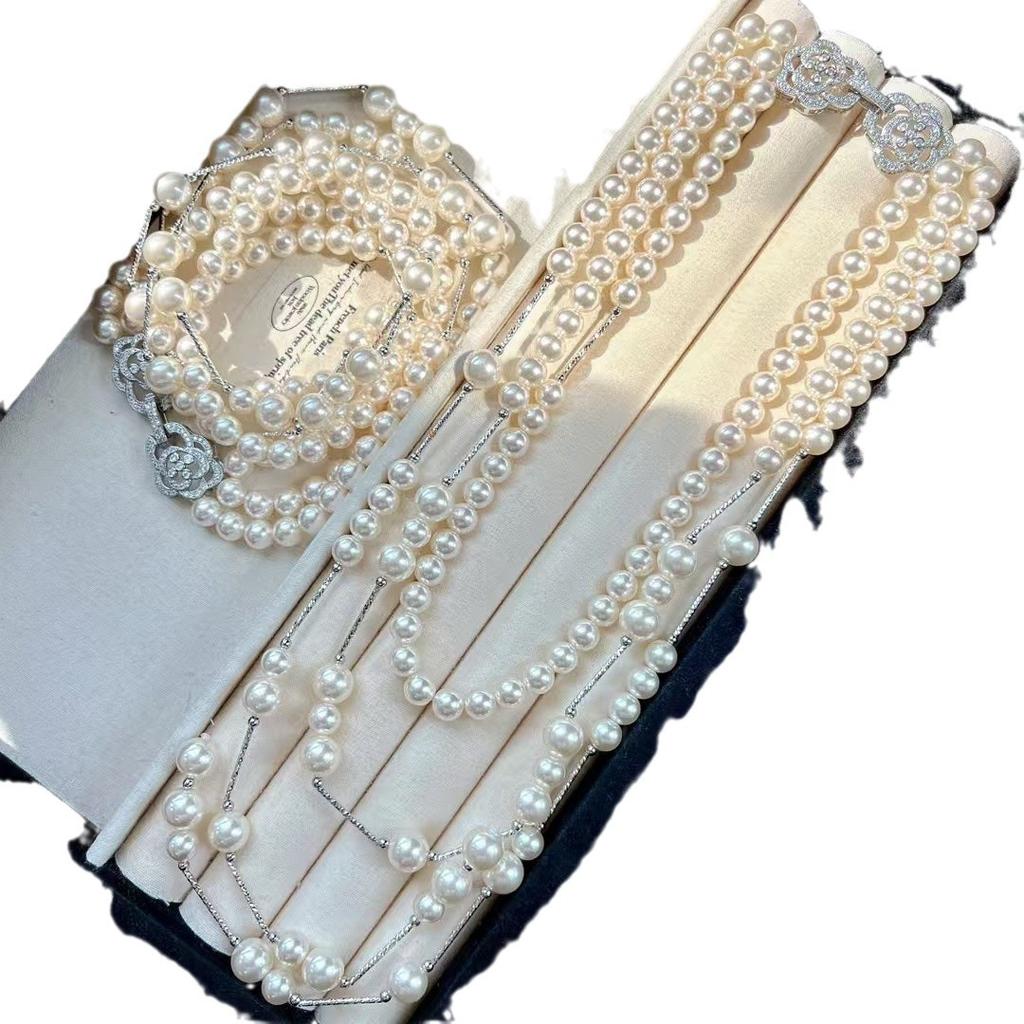 Vintage Multi-Layer Design Gypsy Artificial Crystal Pearl Sweater Chain Necklace Collarbone Chain