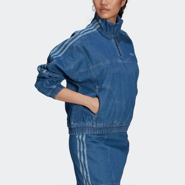 Women's Adidas Originals Denim Jackets Women's Blue Stand Collar Moderate Straight Fit