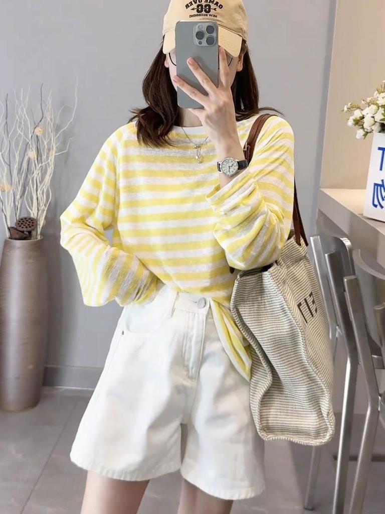 Women's 2024 Korean Retro Striped Color Block Sun Protection Long Sleeve Top