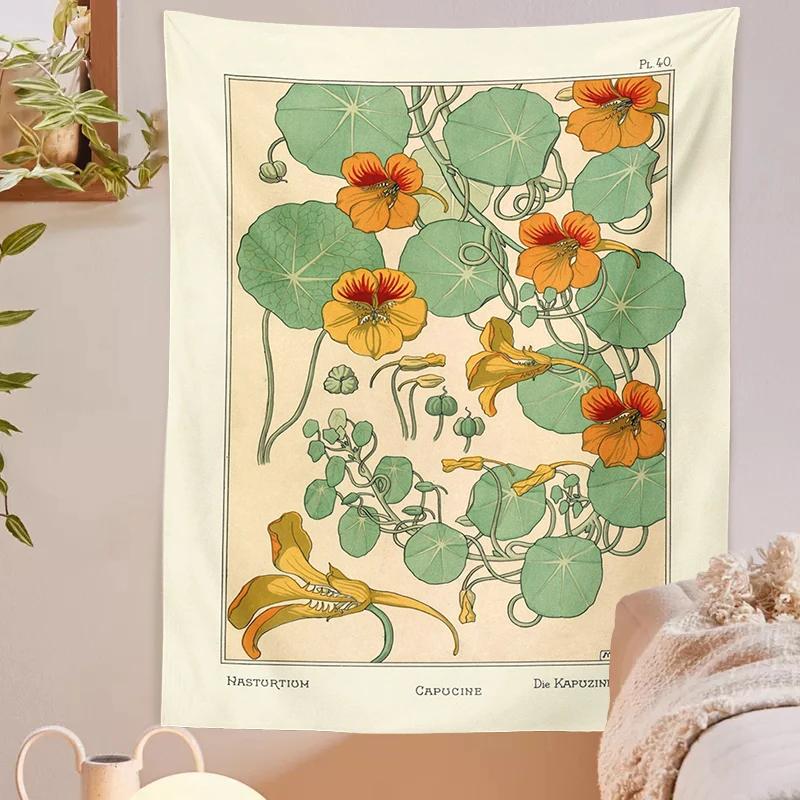 Vintage Botanical Tapestry Wildflower Wall Hanging Nasturtium Thistle Retro Flowers Bohemian Tapestries Psychedelic Home Decor 100X70CM