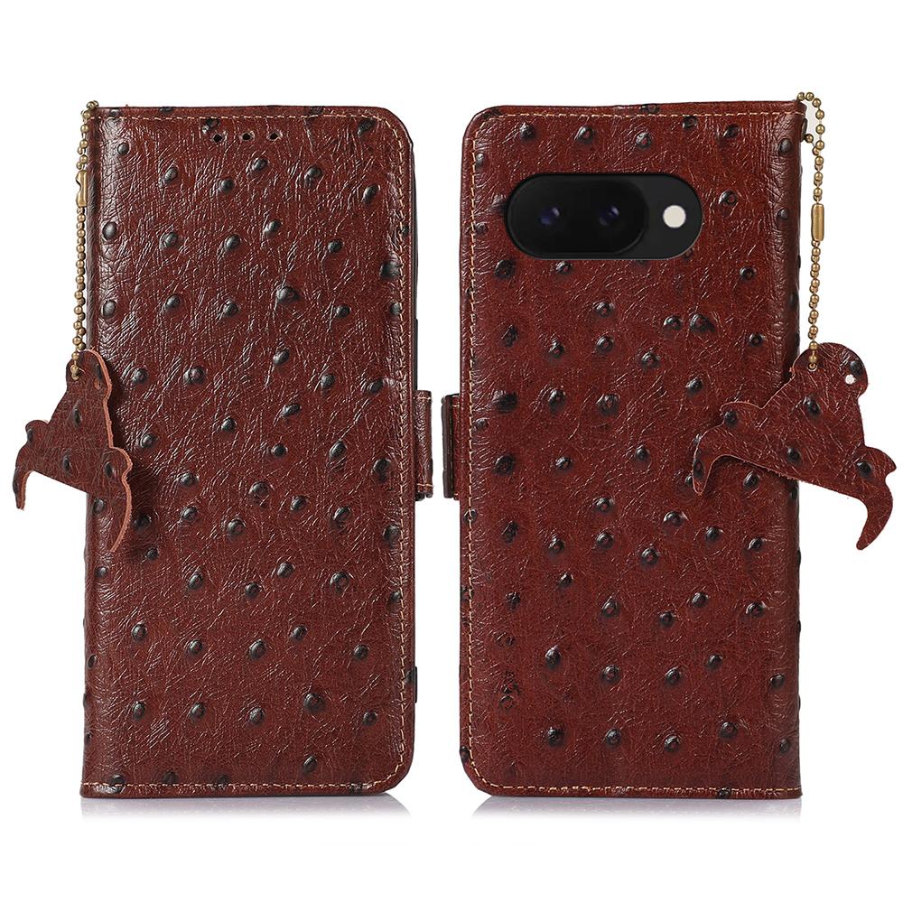 For Google Pixel 9a Case RFID Blocking Genuine Cow Leather Phone Case Ostrich Texture C