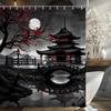Japanische Schwarz-Rot Duschvorhang-Sets Für Badezimmer Anime Vollmond Duschvorhang Kirschblüten-Tempel Badewannen-Vorhang Rot