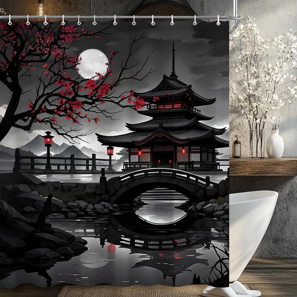 Japanische Schwarz-Rot Duschvorhang-Sets Für Badezimmer Anime Vollmond Duschvorhang Kirschblüten-Tempel Badewannen-Vorhang Rot