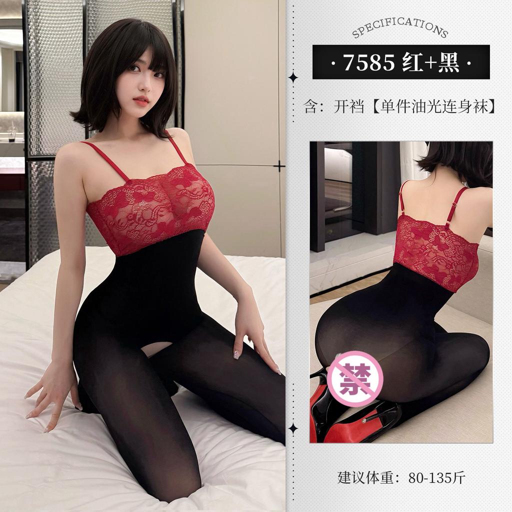 Feimu Lace Jumpsuit Tube Top See-through Open Crotch Glossy Bodystocking Temptation Sexy Women Rompers Clothing Body Suits YOZ8