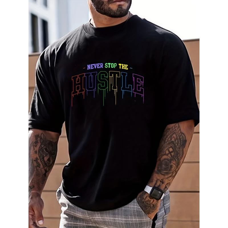 European Sizes Men's Casual Trendy Alphabets Graphic Print Comfortable Crew Neck Short Sleeve T-shirts, Summer Top Tees