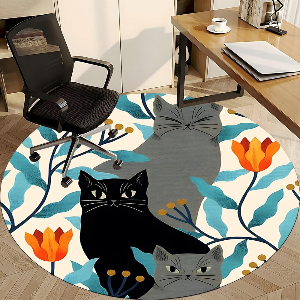 1pc Cat Floral Office Round Area Rug,  Mat Suitable For Office, Under Office Chairs Bedroom Living Room Home Decor, Room Deco