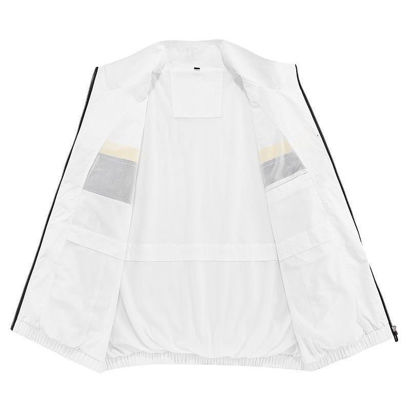Spring Men's White Straight Hem Loose Stand-up Collar Zipper Casual Solid Color Coat