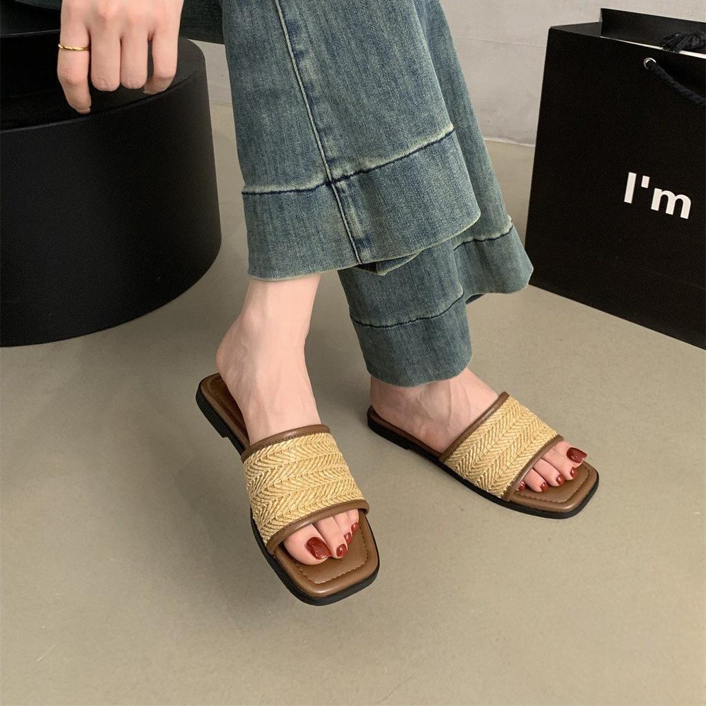 French Shoes, Sandals, Woven Small Summer Soft Soles, Beach Cool Slippers, Women'S Flat Bottom One-Word Drag