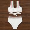 Summer Mixed Color Ribbed Swimsuit for Women Back Cross Bandage Swimwear High Waist Push Up Bathing Suit Beachwear Tankinis