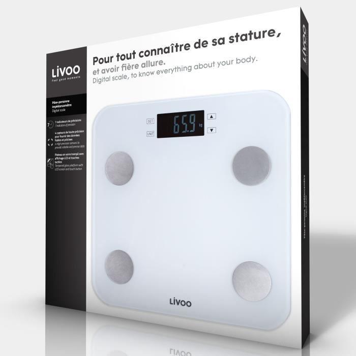 Body Scale Impedancemeter - LIVOO - DOM427W - 7 Indicators - Max 180 Kg - 13 Profiles - LCD - Auto On and Off - White