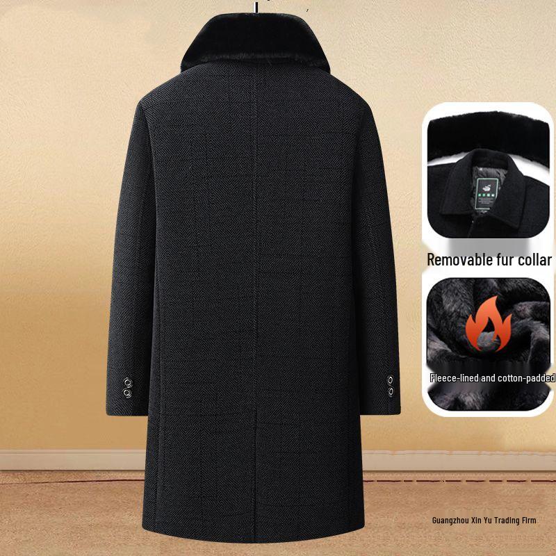 Men's Mid-length Woolen Coat - Thickened Chenille Jacket for Middle-aged & Elderly, Plus Velvet Winter Top