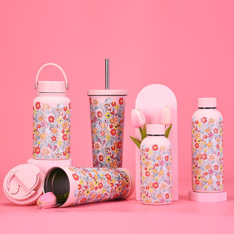 Large Capacity Thermos Cup Wide Mouth Portable Outdoor Sports Kettle Straw Cup Set Printed Water Cup