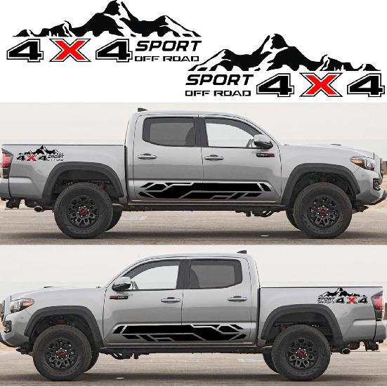4X4 Off Road Sport With Mountain Pattern Decal Stickers 2Pcs, Vehicle Decor Accessories Compatible With Tacoma Tundra F150 RAM Wrangler Truck Pickup