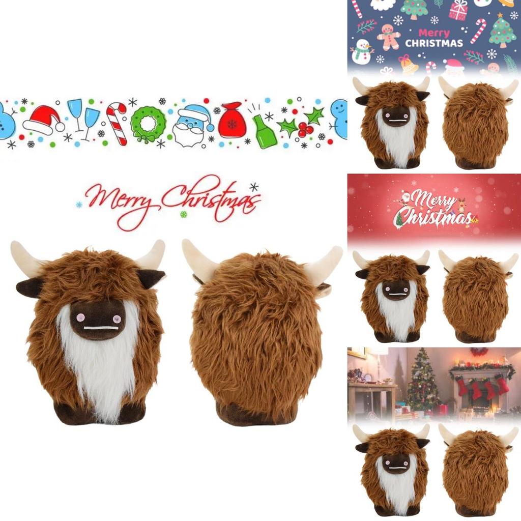 Adorable Plush Highland Cow Decorative Figure With Brown And White Facial Features