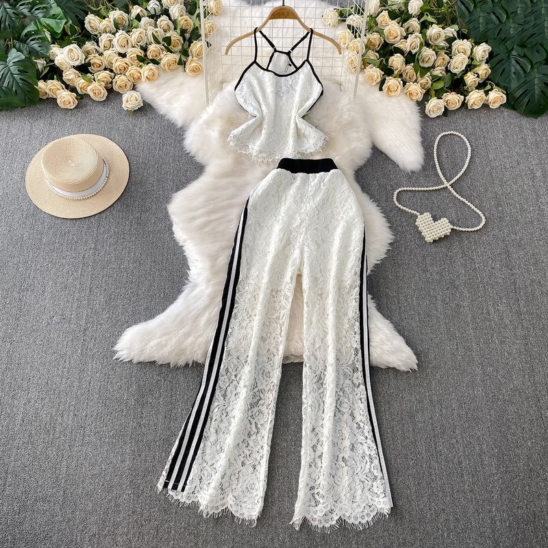 Pure Desire Style Sexy Lace Short Hanging Neck Sling + Contrast Color Stripe Gyaru High Waist Slimming Wide Leg Pants Two-piece Set
