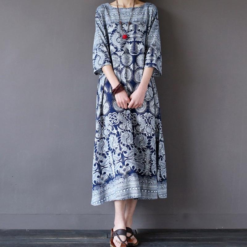 

New printed large size dress comfortable and elegant fashion versatile linen retro dress S