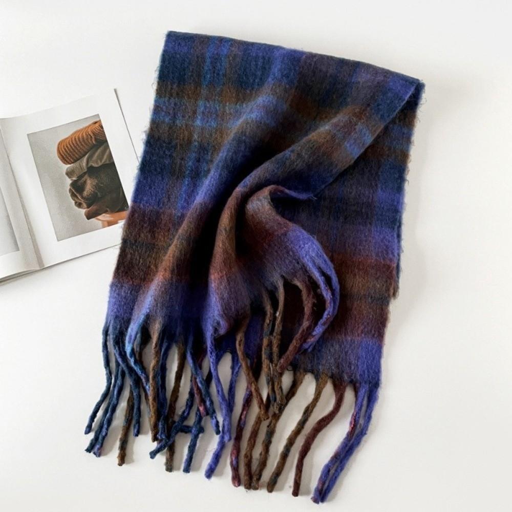 Plush Plaid Wool Scarf Tassel Long Shawl Simple Winter Cashmere Scarves  Girl