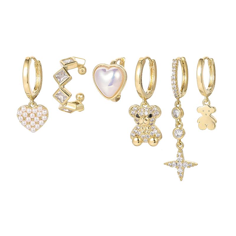

ANENJERY серьги с блестящим цирконом в виде медвежьего сердца, женские легкие роскошные милые серьги из 6 предметов, набор серебряный