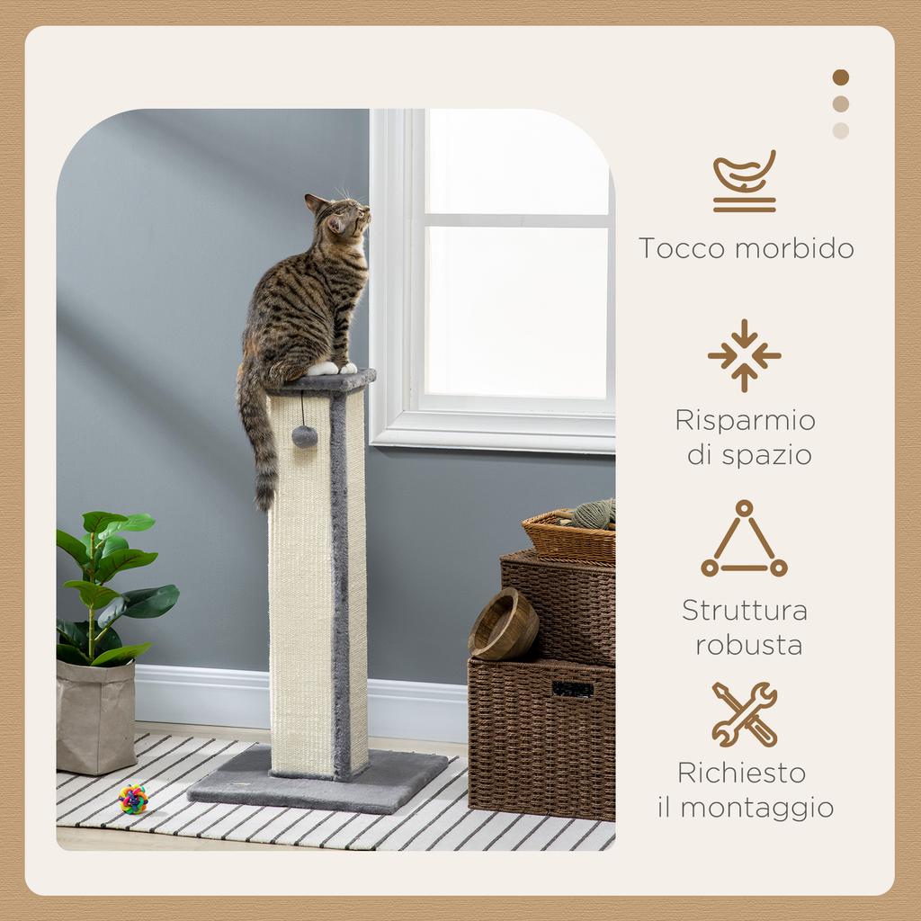 Cat Scratching Post with Ball, Sisal Pole and Plush Cover, 41x41x81 Cm, Grey