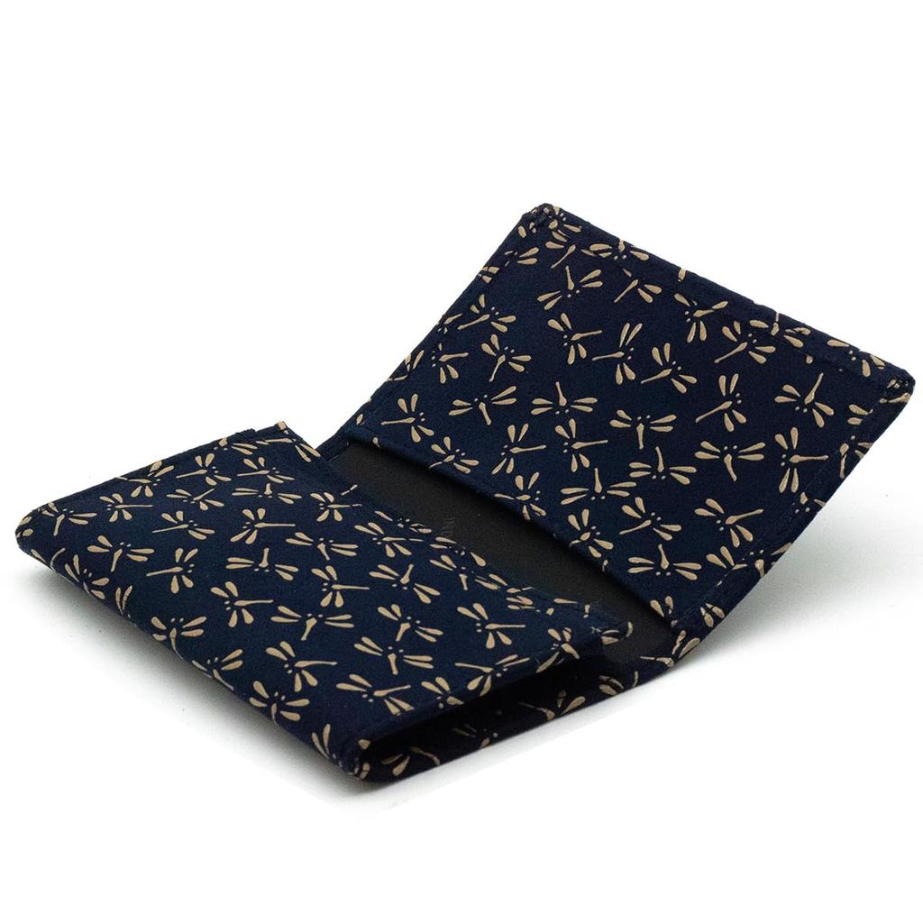 [Inden-ya] Inden Business Card Case, Deerskin, Lacquered, Craft, Gusseted, No. 2501 ([14-008] Navy Blue with White Lacquer, Dragonfly Design)