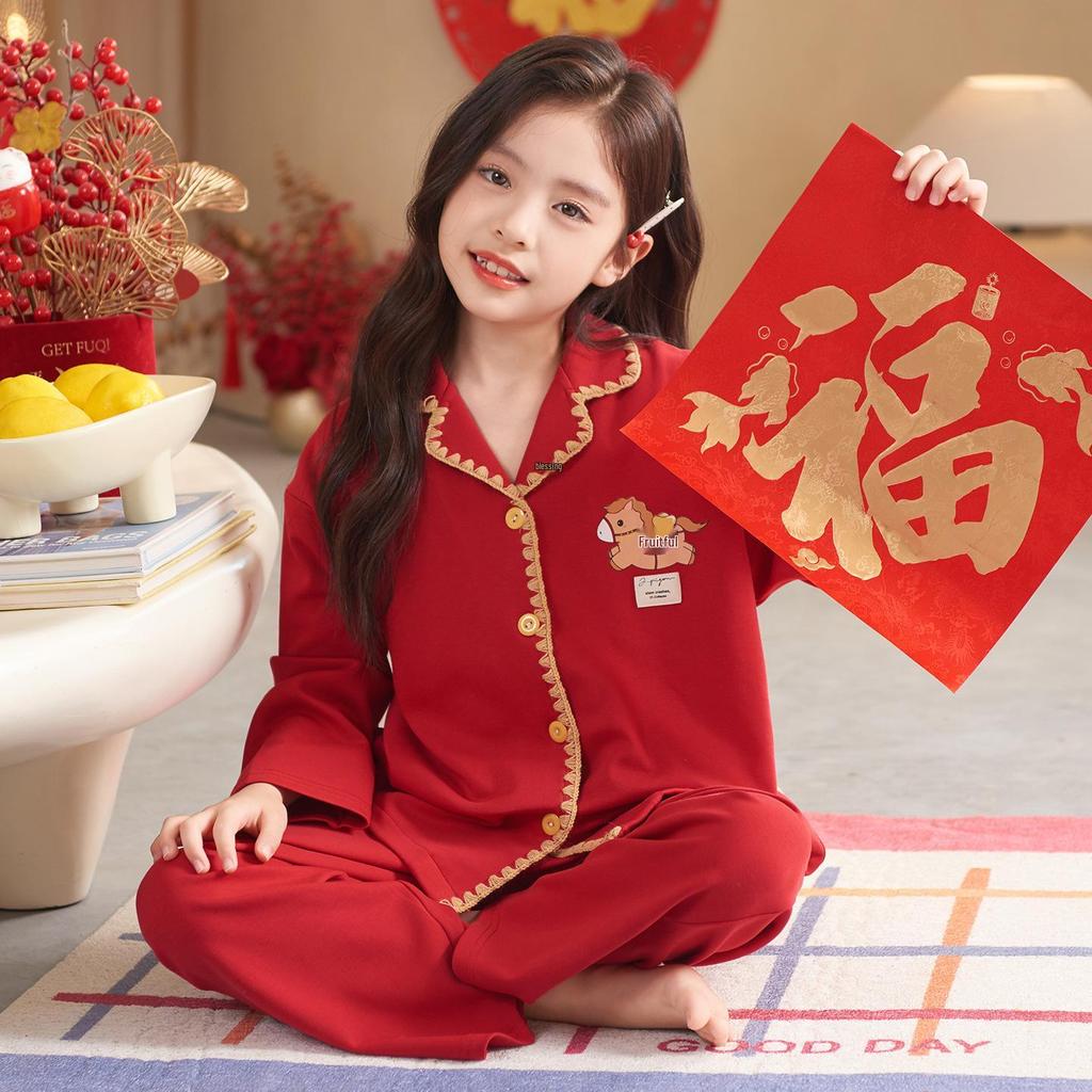 2026 Year of the Rooster Red Girls' Korean Style Cotton Pajamas - Parent-Child Long Sleeve Winter Homewear