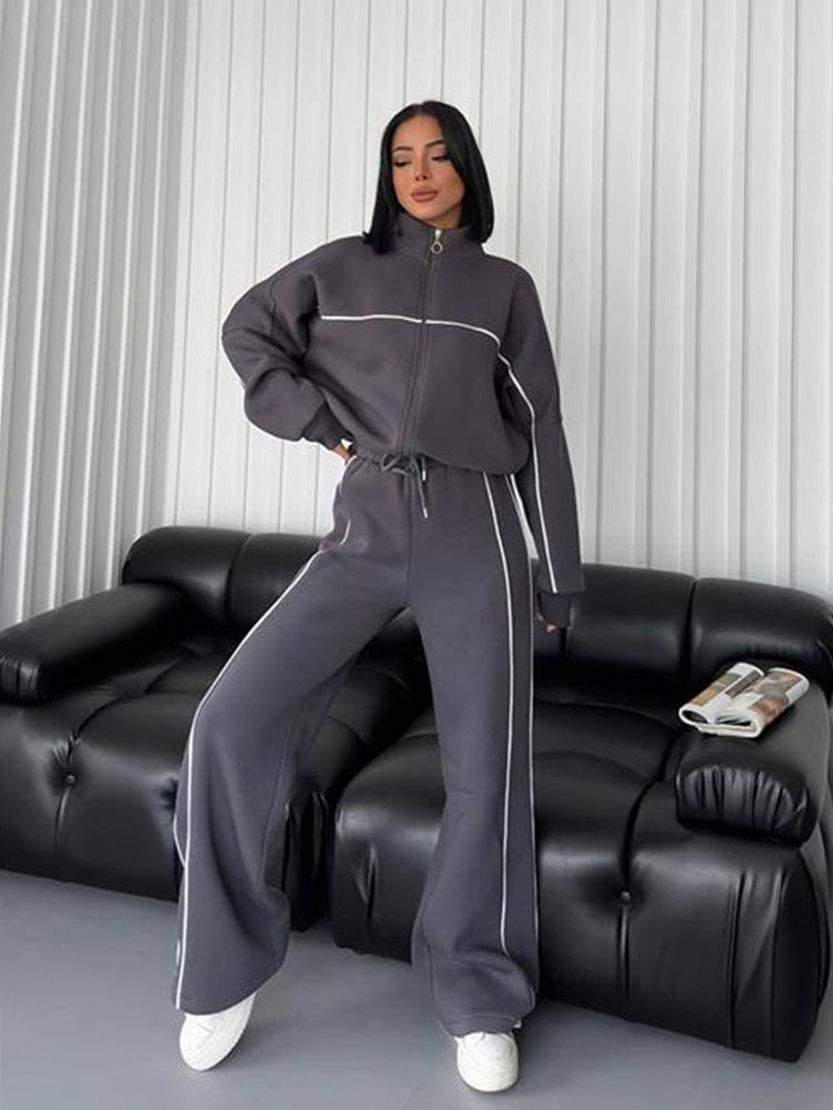 New European and American Amazon casual suit long-sleeved semi-turtleneck cardigan sweater strappy striped trousers