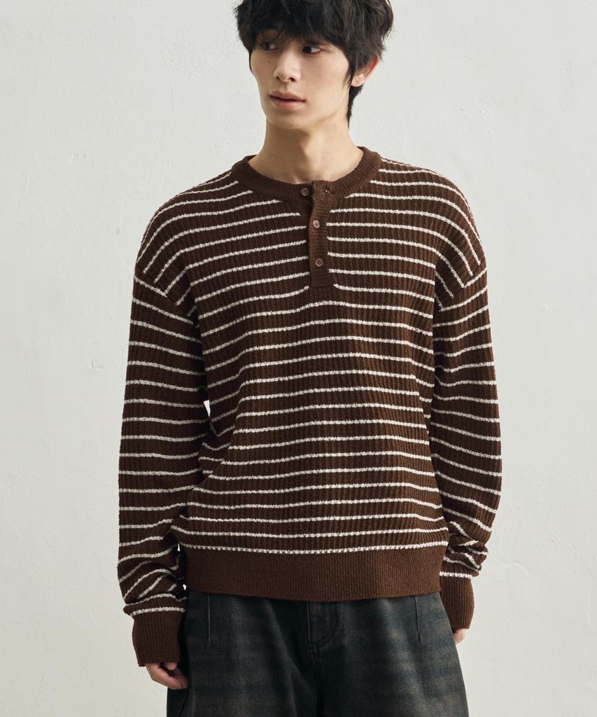 ROTEMBER Low Stripe Henley Neck Crop Knit [Brown]