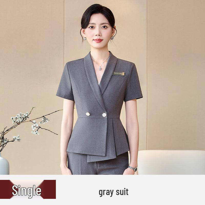 

Женский профессиональный летний костюм с коротким рукавом – Элегантная формальная одежда для менеджера, секретаря, сотрудника ресепшена отеля и административной работы. XL