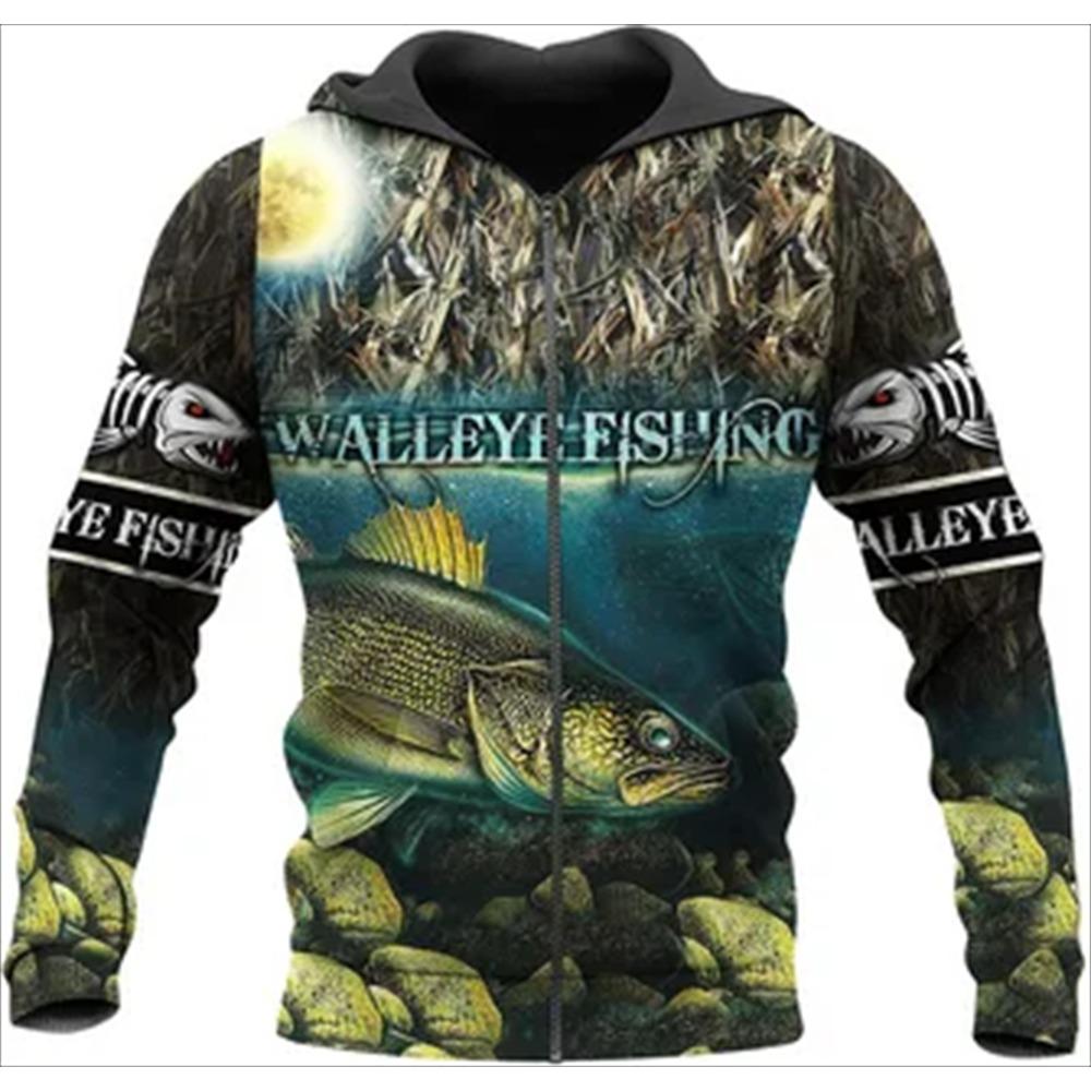 

Чоловіча толстовка на блискавці Одяг для риболовлі на коропа, світшоти, повсякденні великі толстовки, 3D-судак, щука, нахлист, топи з капюшоном і принтом M