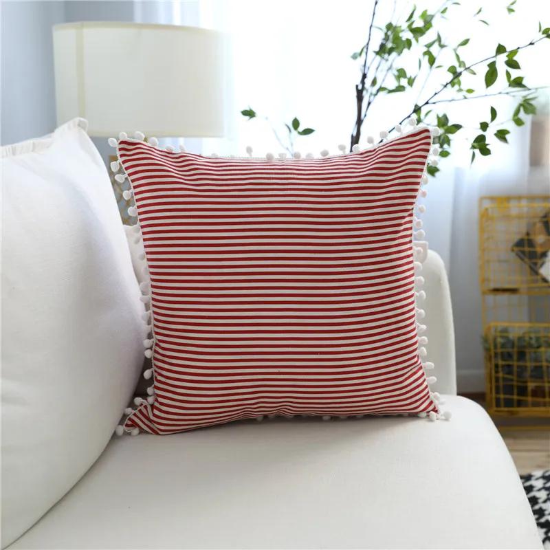 45x45cm Classic Striped Living Room Sofa Cushion Cover With White Ball Cotton Throw Pillow Case Home Decoration