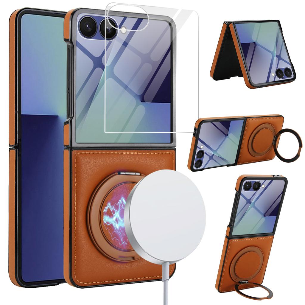 For Magsafe Charging Case for Samsung Galaxy Z Flip 7 6 Flip 5 Flip 4 3 Magnetic Rotating Bracket Cover Tempered Glass Film