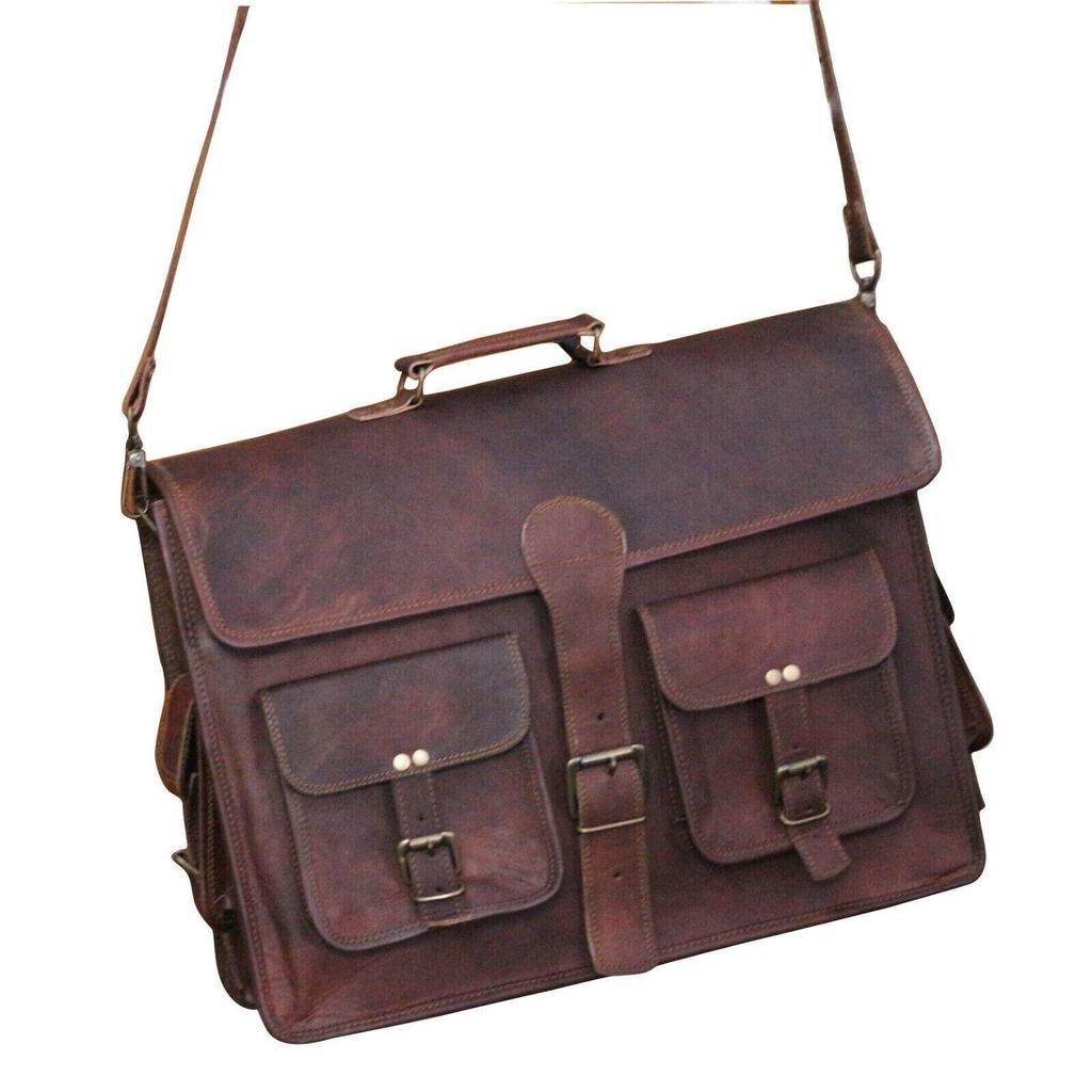 Men's Shoulder Messenger Laptop Briefcase Genuine Goat Leather Vintage Brown Bag