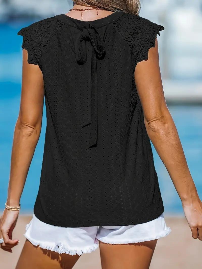 Women Lace-Up Short Sleeve Top Solid Color Crew Neck Casual Summer T-Shirt S