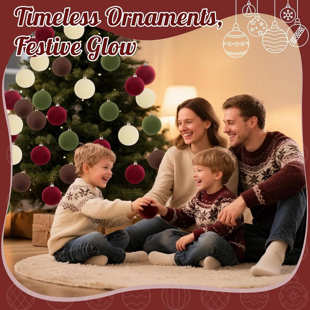 20-Pack Flocked Velvet Christmas Ornaments, 3.15' Shatterproof Holiday Tree Baubles, Mixed Color