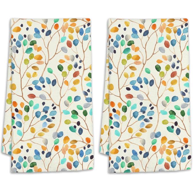 Colorful Leaves Floral Hand Towels Set of 2,Boho Spring Nature Plant Bath Hand Towels for Bathroom Decorative Soft Absorbent Dish Towels for Kitchen Colorful Leaves Floral Bo