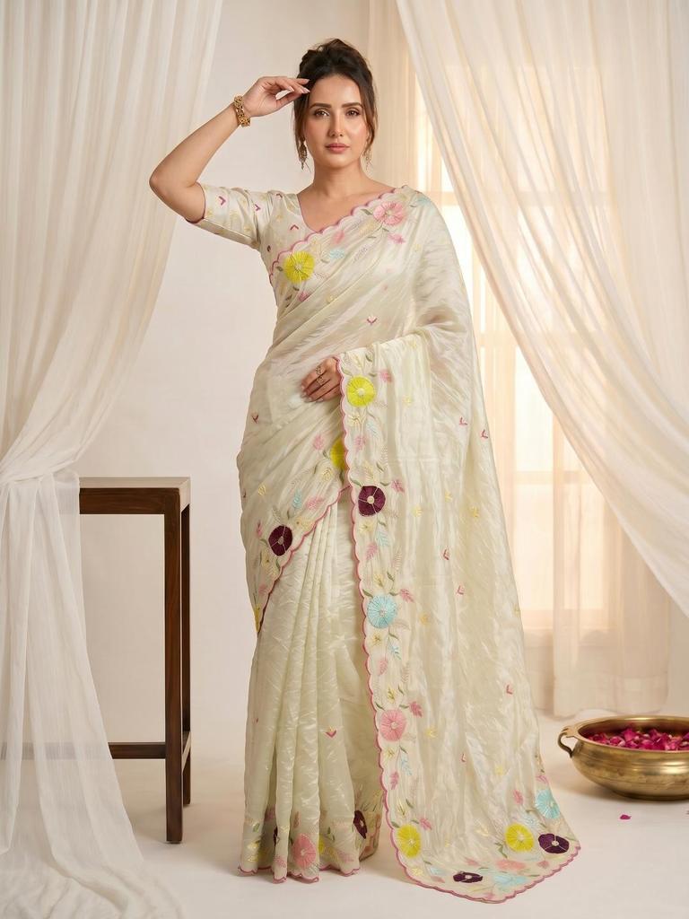 Women's Designer Glass Tissue Saree with Multi Thread Embroidery Buttas & Handwork Patch Border | Unstitched Blouse | Wedding Party Festive Wear