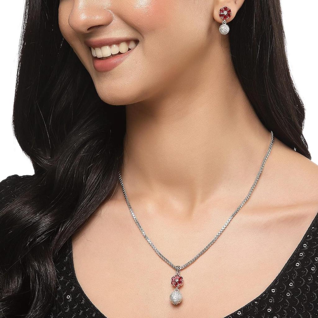 Rhodium-Plated Silver Toned Green Cubic Zirconia studded Floral Shaped Cute Pendant with Earrings Jewellery Set Women
