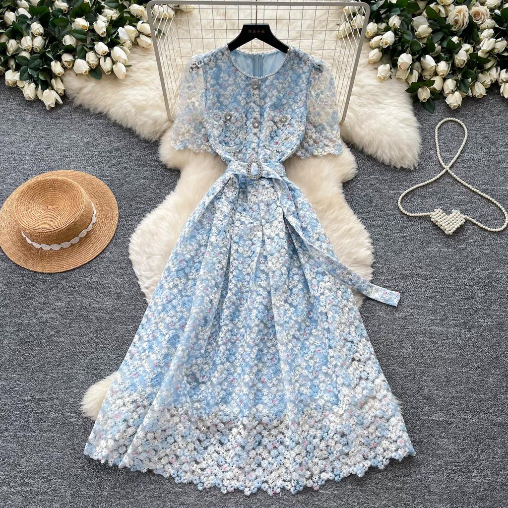 Elegant Beaded Short Sleeve Flower Lace Dress Women's Formal Evening Embroidery Crochet Hollow Out Long Party Dress