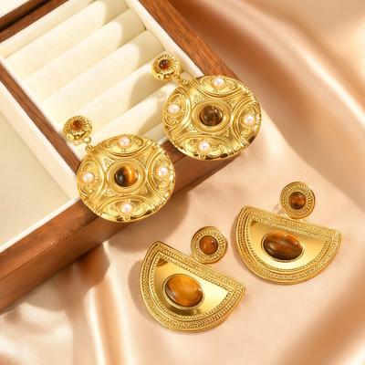 Vintage Bohemian Natural Stone Big Drop Earring for Women, 18K Gold Stainless Steel Pendant Earrings, Fashion Party Jewelry