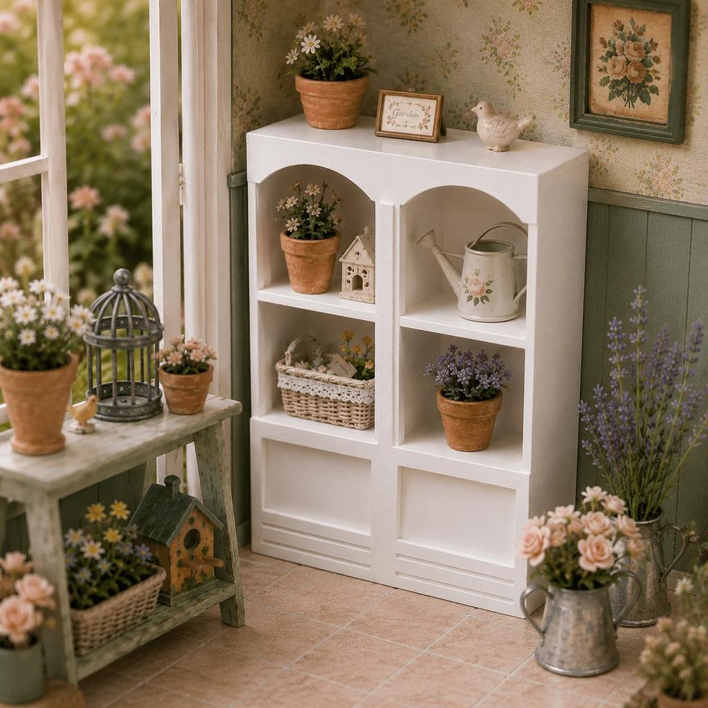Miniature White Vintage Arched Bookshelf Cabinet,Fine Workmanship Model Furniture for Diorama Making, Micro Scene Building