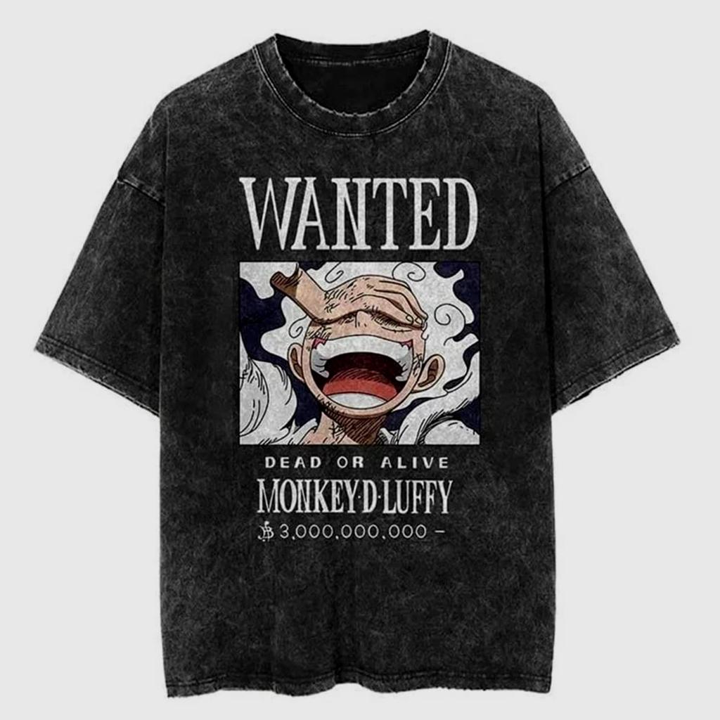 Gear 5 Luffy T-Shirt, One Piece Anime Graphic Tee, Oversized Acid Wash Streetwear
