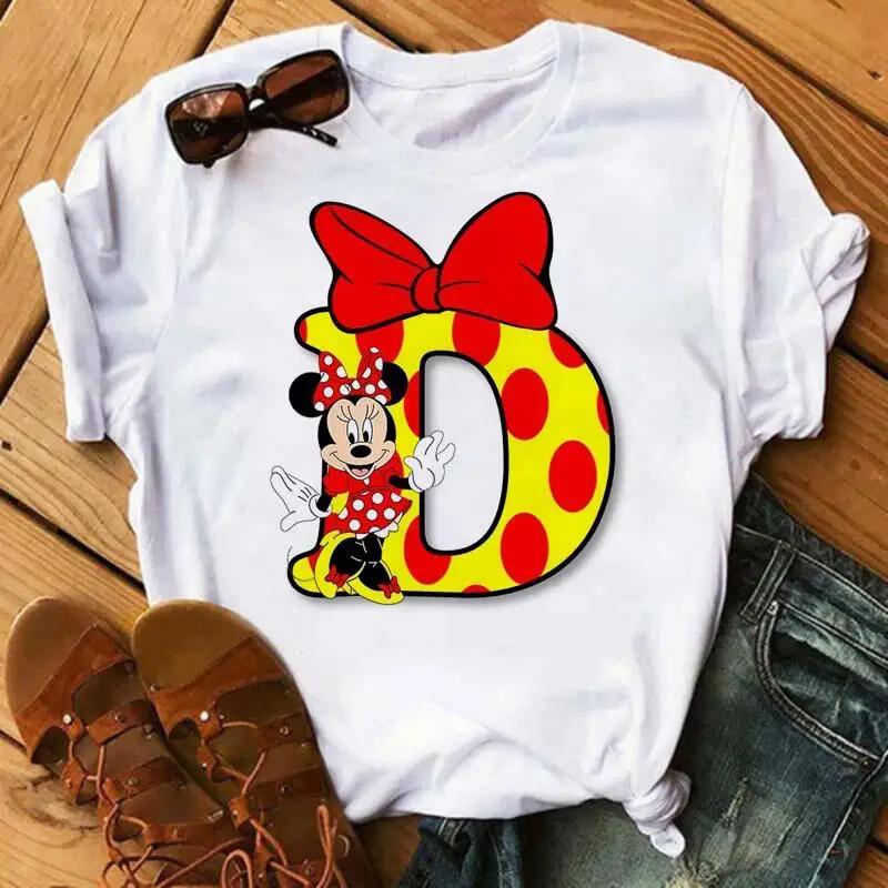 Kawaii Ladies Tees Disney Cartoon Mickey Mouse Letter Minnie T-shirt White Short-sleeved Women 90S Tops Summer Loose Blouse