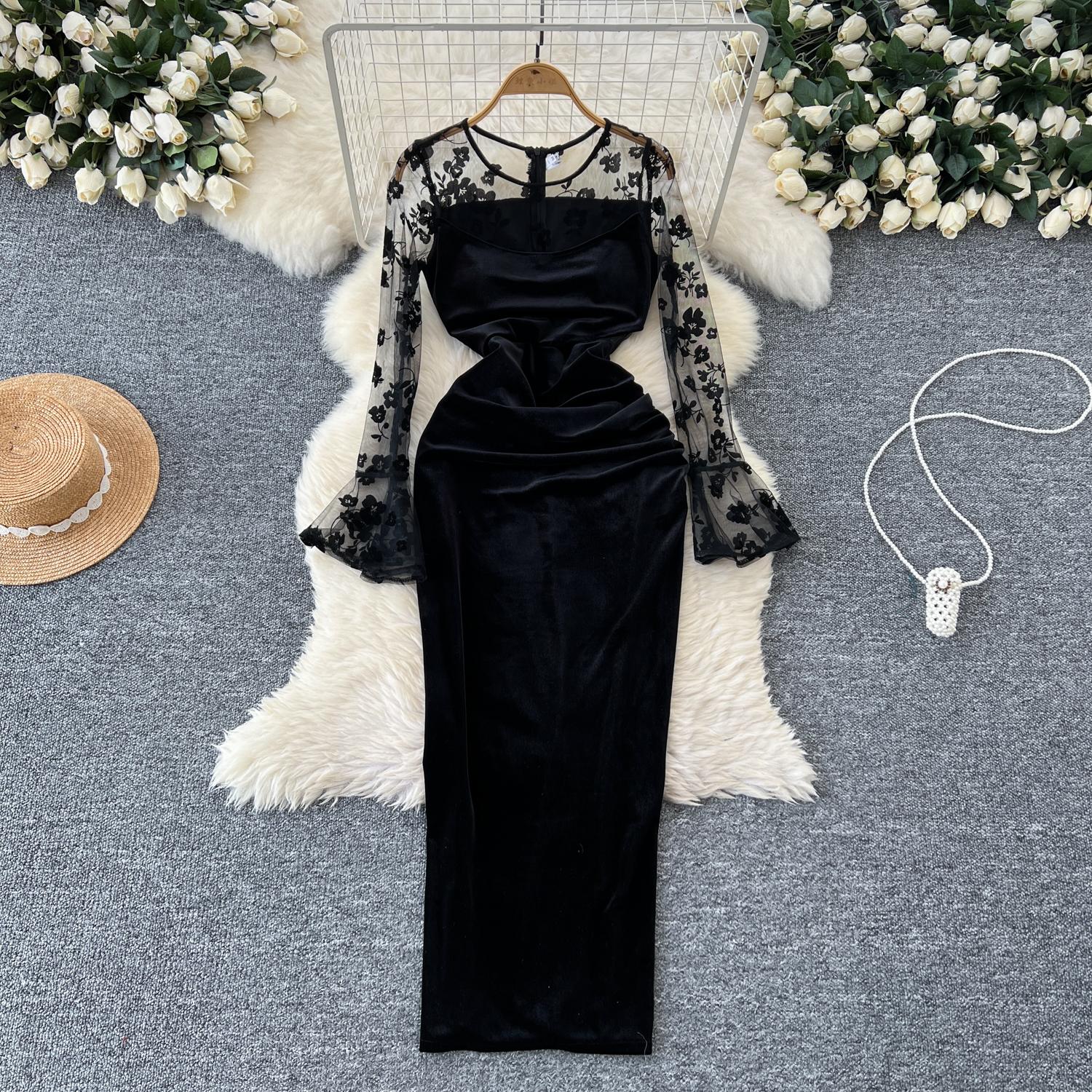 

Сексуальное вечернее платье для женщин с вышивкой, сетка, шикарный дизайн, облегающее рождественское модное горячее элегантное бархатное платье для пожилых, новое M чёрный