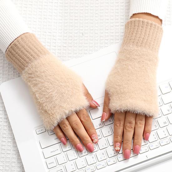 Half Finger Gloves Women Long Fingerless Gloves Fleece-Lined Touchscreen Knitted