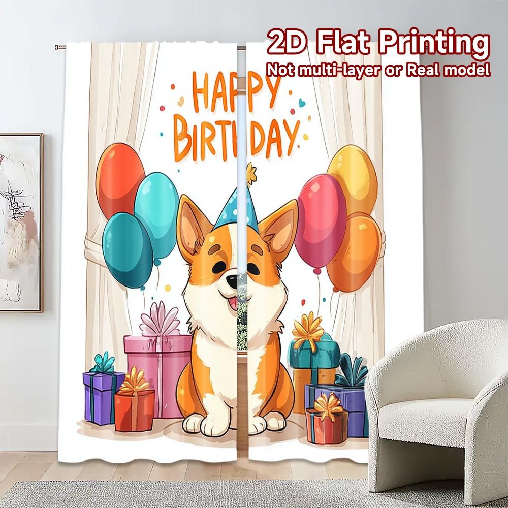 2pcs, 2D FLAT PRINTING Curtains (Without Rod) Birthday Corgi Modern Window Curtain Versatile Fabric Curtains Festive Ldeal for