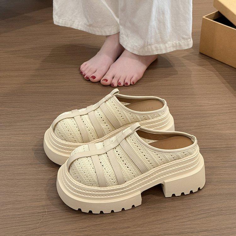 Retro Simple One-pedal Cool Slippers Women's 2025 Summer New Outer Wear Weaving Hollow Small Height-increasing Slippers