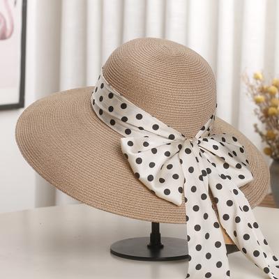 Hepburn Style Polka Dot Bow Straw Hat For Women, Foldable Wide Brim Sun Cap For Beach Beach Sun Protection