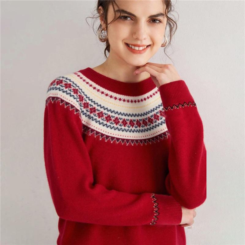 Women's 100% Cashmere Jacquard Sweater: Autumn/Winter Loose Round Neck Knitwear